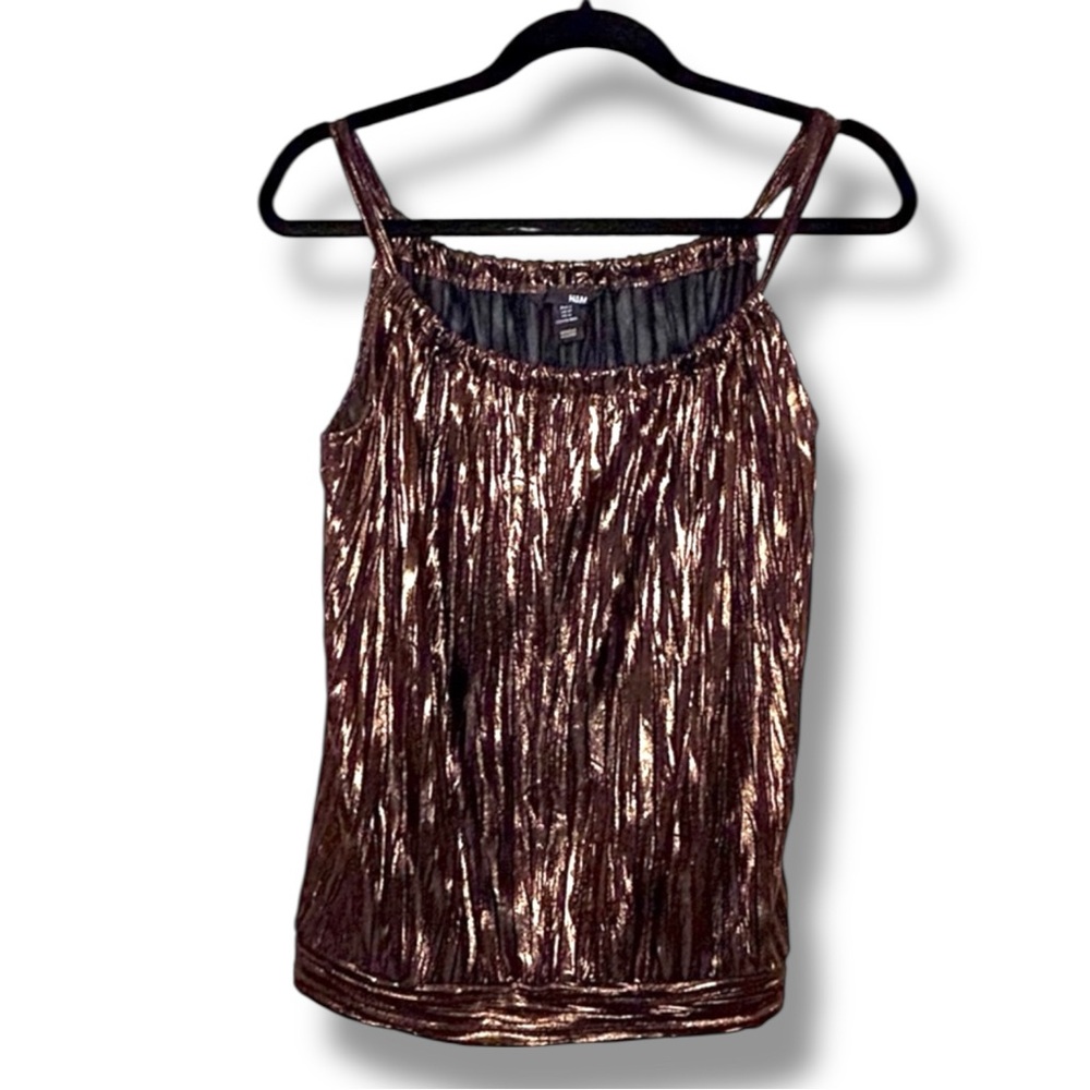 Y2K Shimmering Black Bronze Copper Adjustable Halter Tank Pleated Mcbling Top M